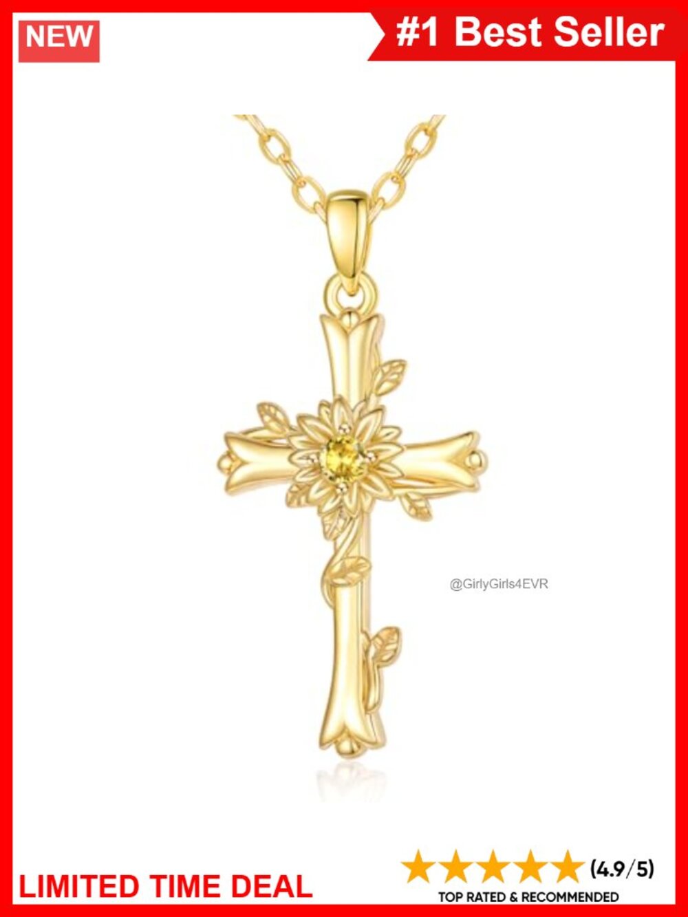 14K Gold Plated Sunflower Cross Necklace Citrine Pendant 18+2"